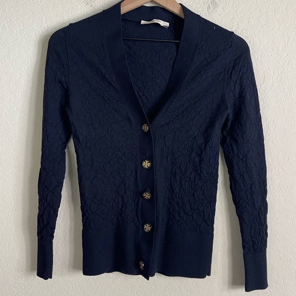 Tory Burch Wool Crinkle Simone Cardigan Navy Blue Size Small - Picture 2 of 9